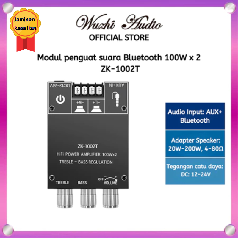 Wuzhi Audio | ZK-1002T Bluetooth 5.0 Audio Amplifier 100Wx2 Treble and Bass Adjustment - Subwoofer A