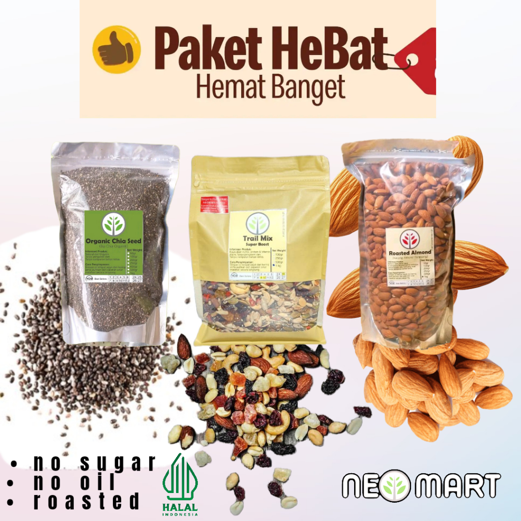 

[Sarapan 3 in 1] Trail mix 250gr + Chia seed 100gr + Roasted Almond 250gr - Sereal Tinggi Serat