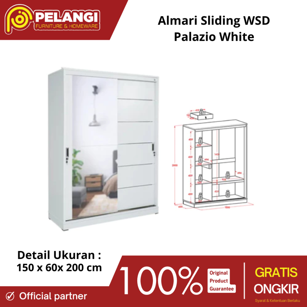 Olympic Almari Sliding WSD Palazio White | Lemari Partikel board | Lemari pakaian | Lemari Pakaian S