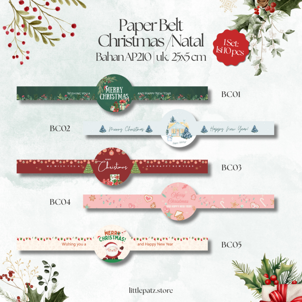 

MURAH MERIAH!! Paper Belt Natal 25x5cm – 10 pcs | 5 Desain Cantik untuk Bingkisan & Hampers