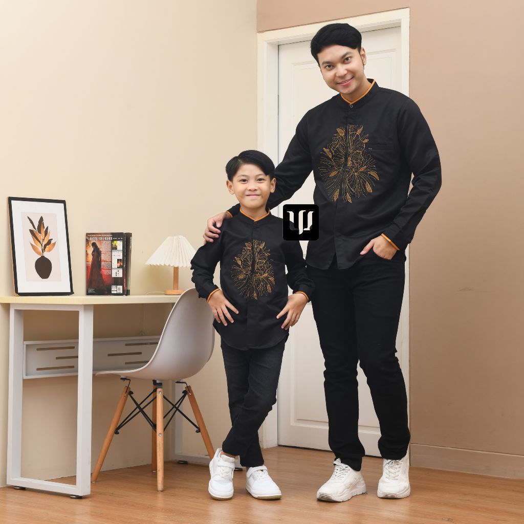Koko kurta couple ayah anak KHALFAN HITAM gold lengan panjang pendek bordir kombinasi katun toyobo