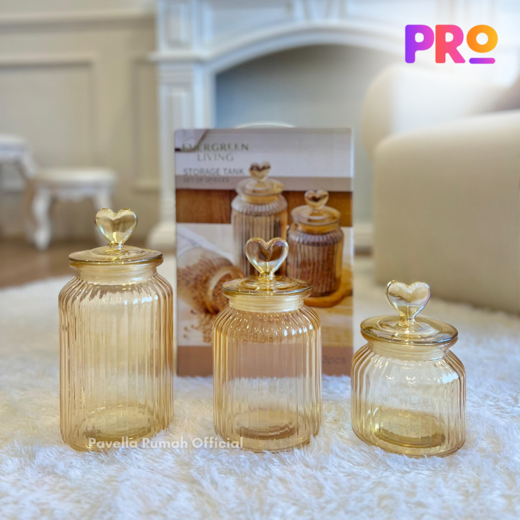 [COD] PAVELLA Toples Kaca Hati Love Set 3 Pcs Stoples Tempat Penyimpanan Kue Kering Love Lebaran Wad