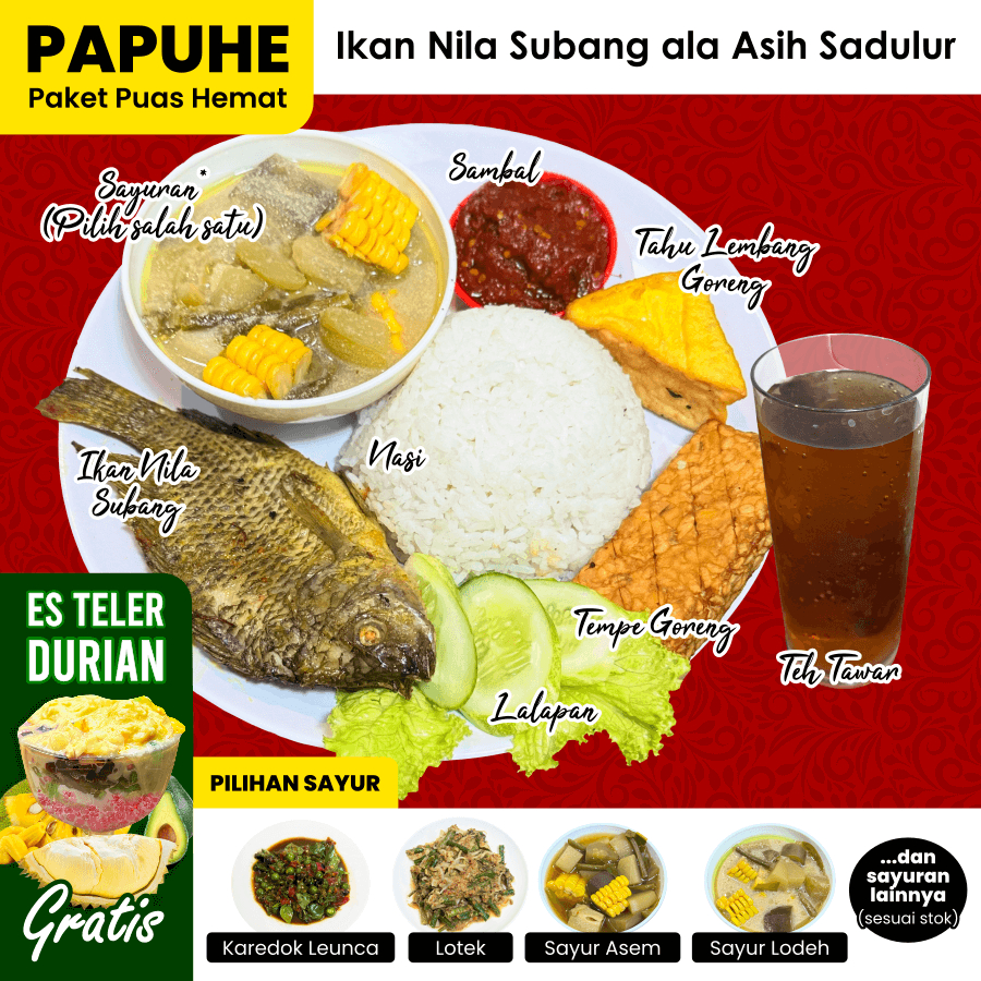 

PAPUHE Ikan Nila Subang Paket Puas Hemat Nasi Ayam Tahu Tempe Sayur Sambal Lalapan Teh | Paket Nasi Asih Sadulur