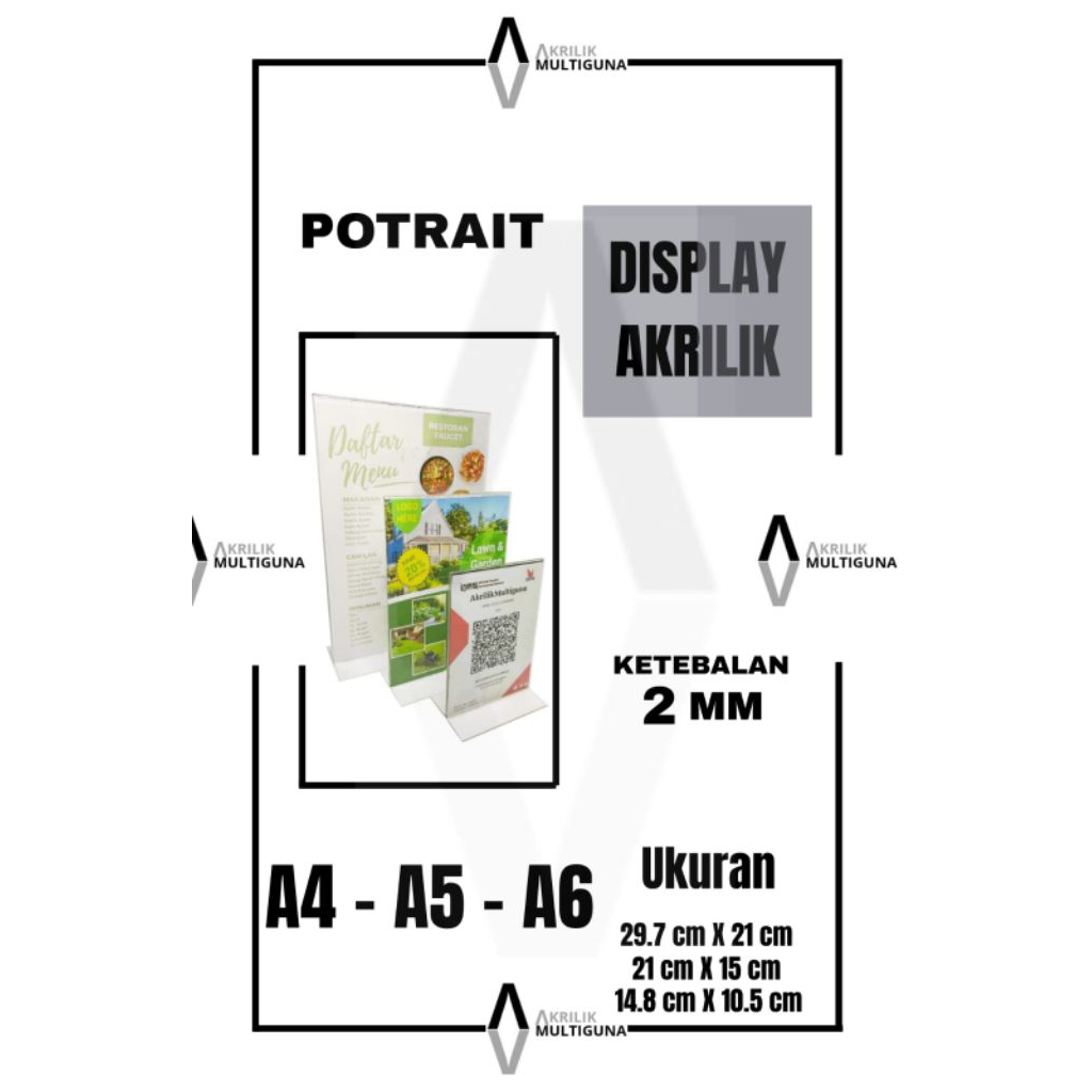 

Tempat Brosur Display Akrilik Acrylic Stand Potrait Ukuran A4 A5 A6 Untuk Menu/Brosur/Qris Tebal 2mm