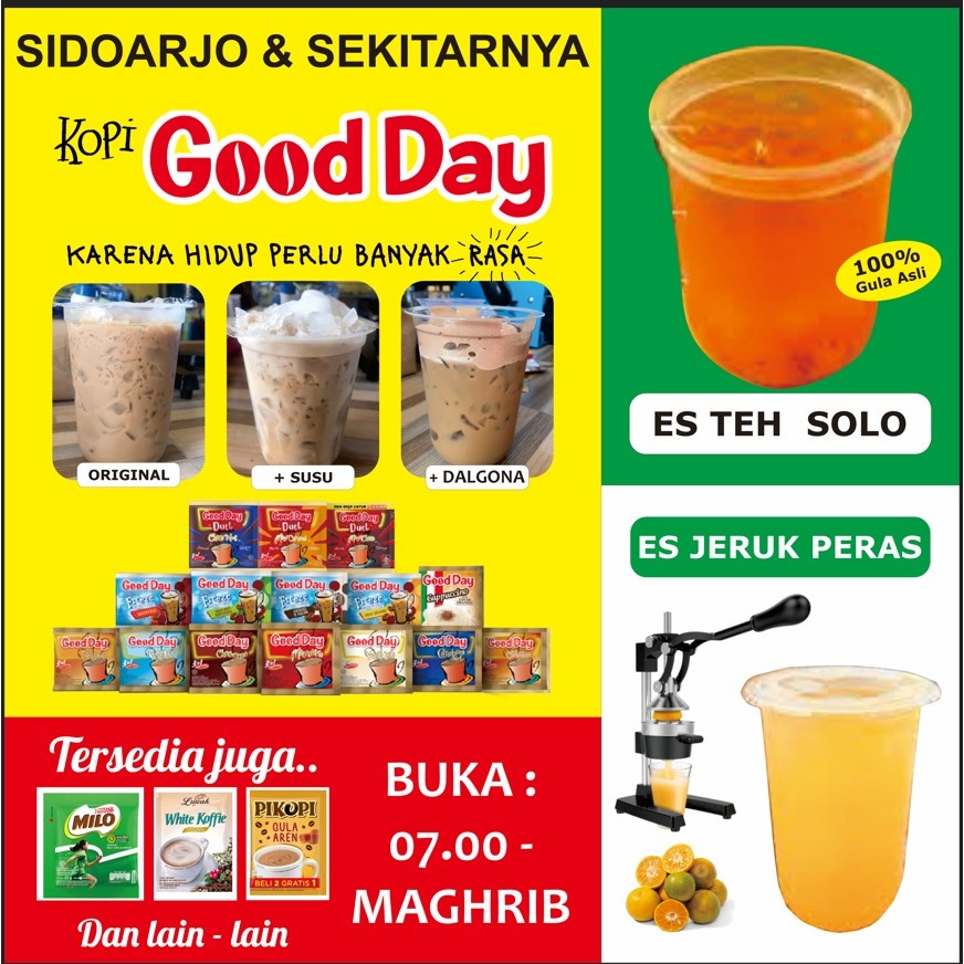 

Aneka minuman segar siap minum! Es Teh Solo Es Jeruk Peras Es Kopi Good Day White Koffie siap kirim