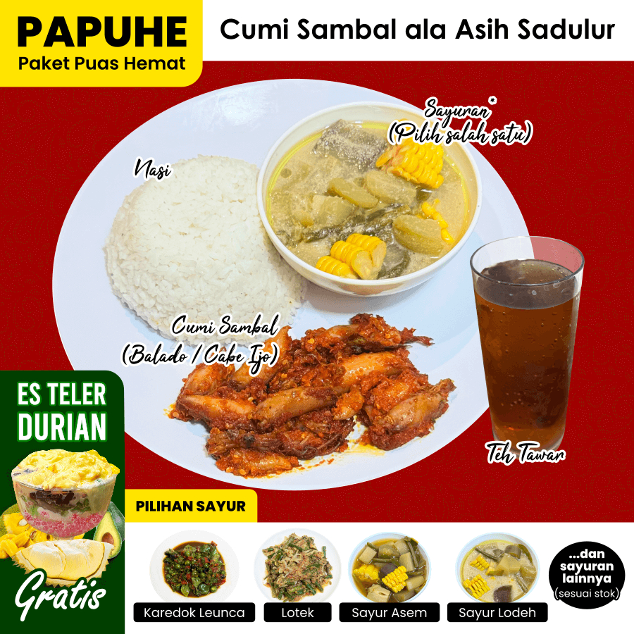 

PAPUHE Cumi Sambal Balado / Cabe Ijo Paket Puas Hemat Nasi Cumi Sayur Teh | Paket Nasi Asih Sadulur