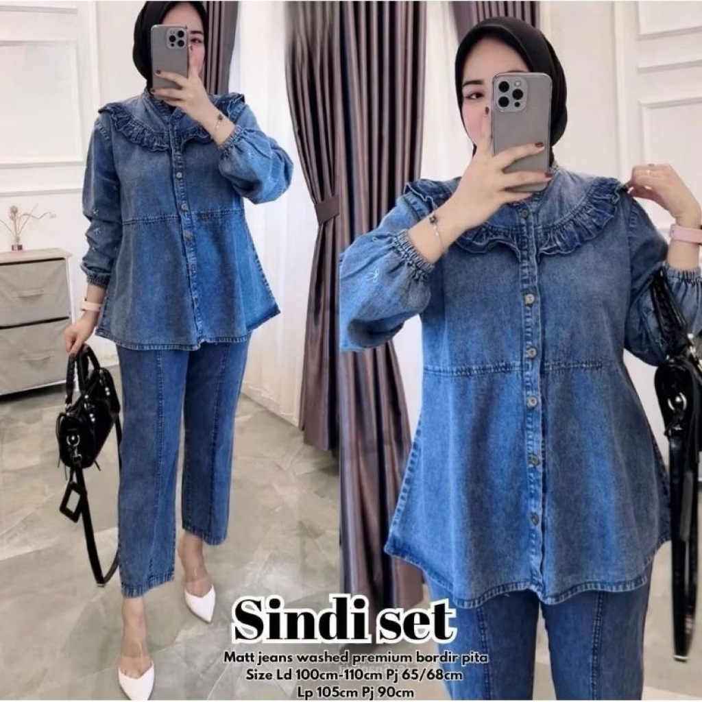 Sindi Oneset Jeans Snow Wash Premium/Baju Setelan Jins Wanita Jumbo Variasi Rempel/Set Celana Top At