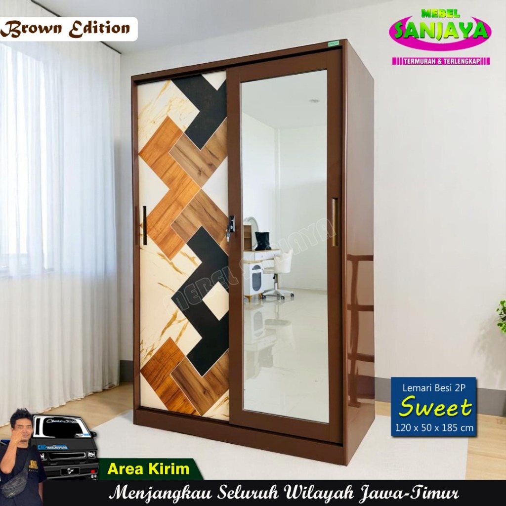 Lemari Pakaian Besi Sliding / Pintu Geser Cermin Panjang + Brankas Saxon 120 MWDSL