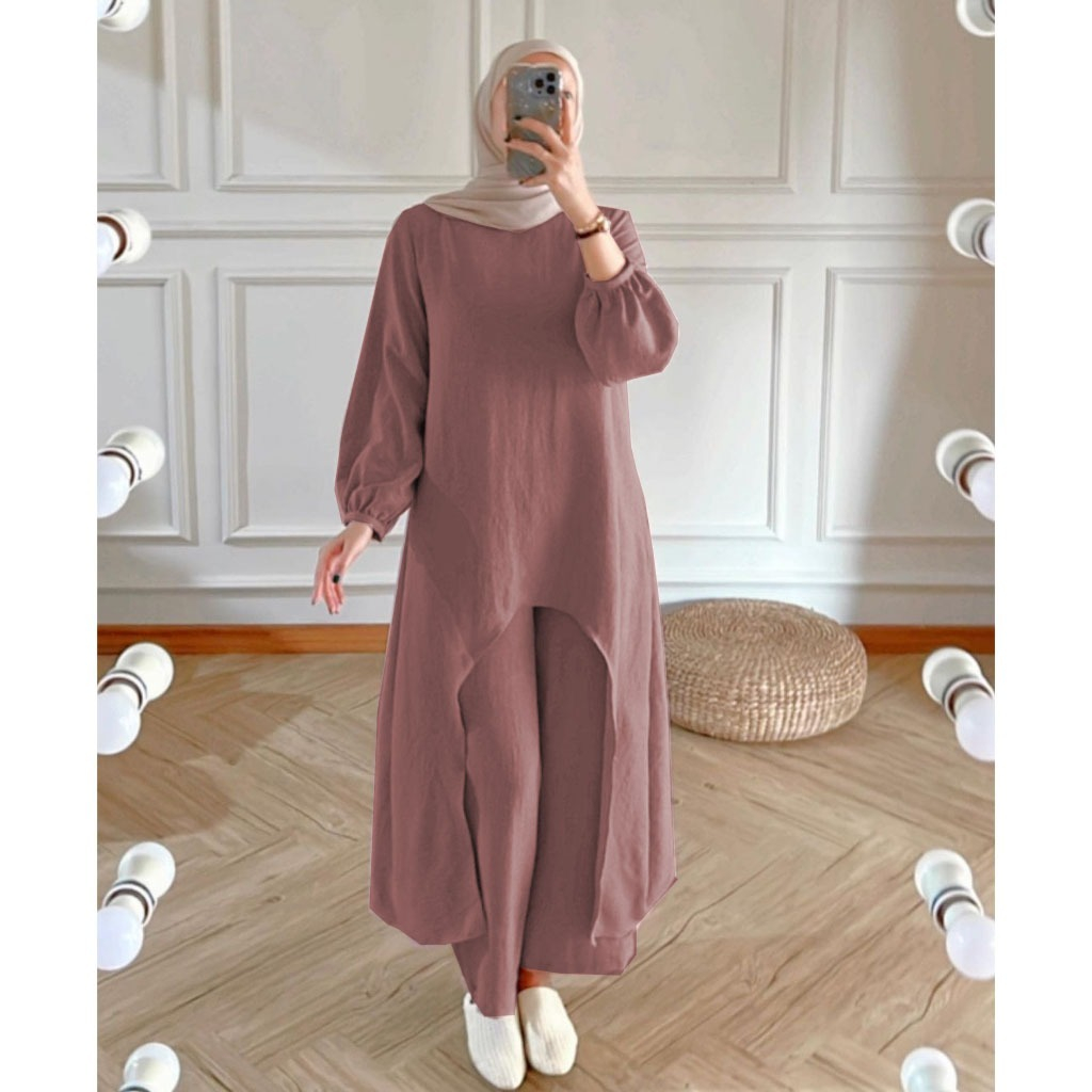 Aila ONE SET Wanita Kekinian Atasan Tunik Polos Jumbo Setelan Celana Kulot Bahan Katun Linen Rami
