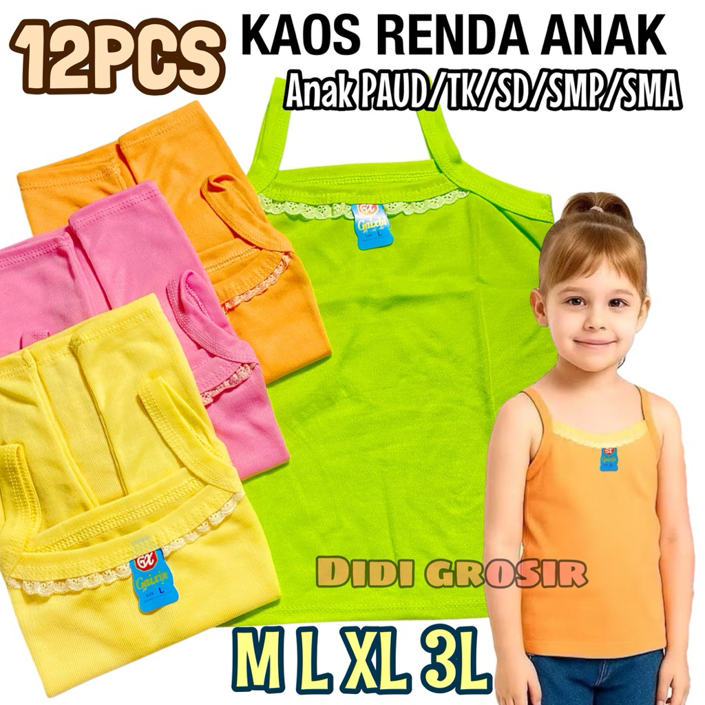 1 Lusin kaos dalam singlet anak perempuan warna polos remaja SD SMP katun tanktop