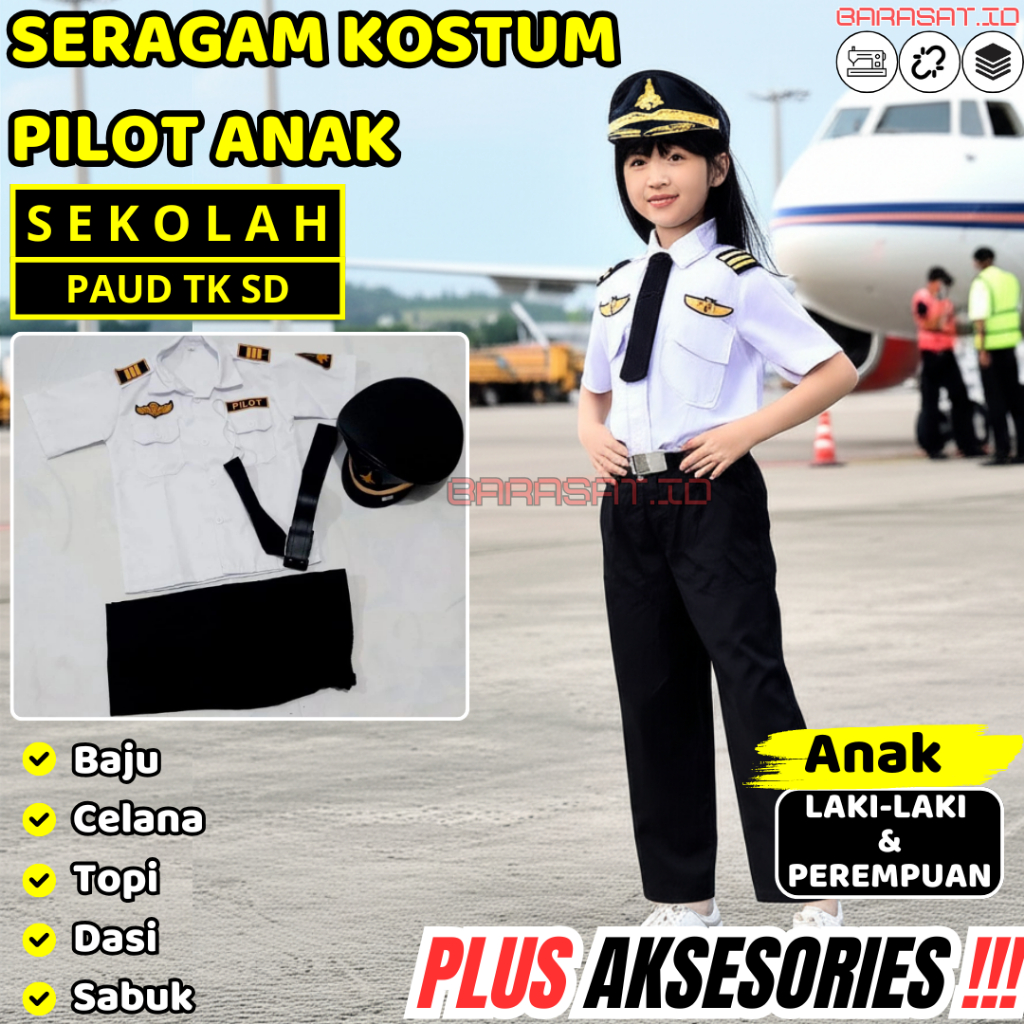 Baju Seragam Pilot Anak Kostum Agustus Fashion Show Lengkap Aksesories Anak Laki Perempuan