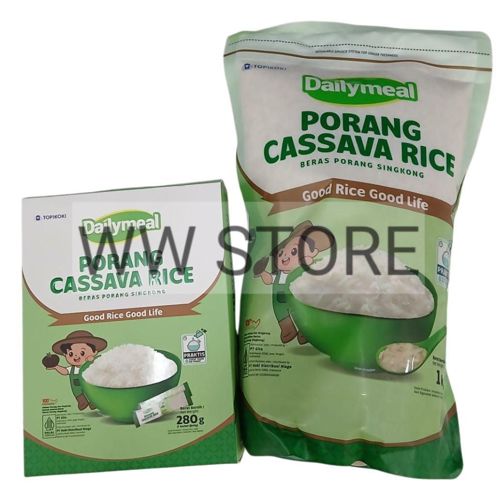 

Olahan porang dan singkong bentuk butiran beras halal MUI TOPIKOKI Dailymeal PORANG CASSAVA RICE kemasan kotak 280g ( 7 sachet x 40g ) pouch 1kg