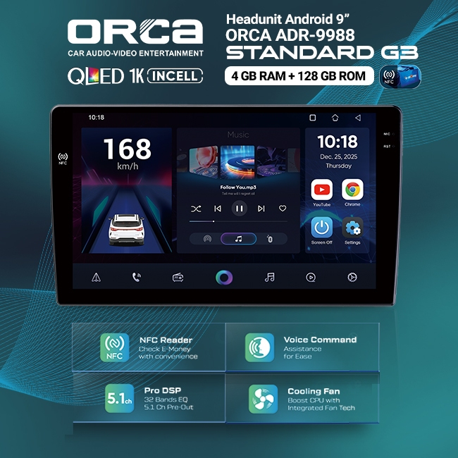 Head Unit Android ORCA 9″ inch ORCA ADR-9988 NFC Standard Series 4+128GB