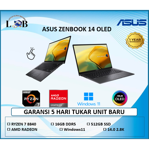 Laptop Asus Zenbook 14 OLED UM3406HA Ryzen 7-8840 RAM 16GB 512B SSD 2.8K Touch
