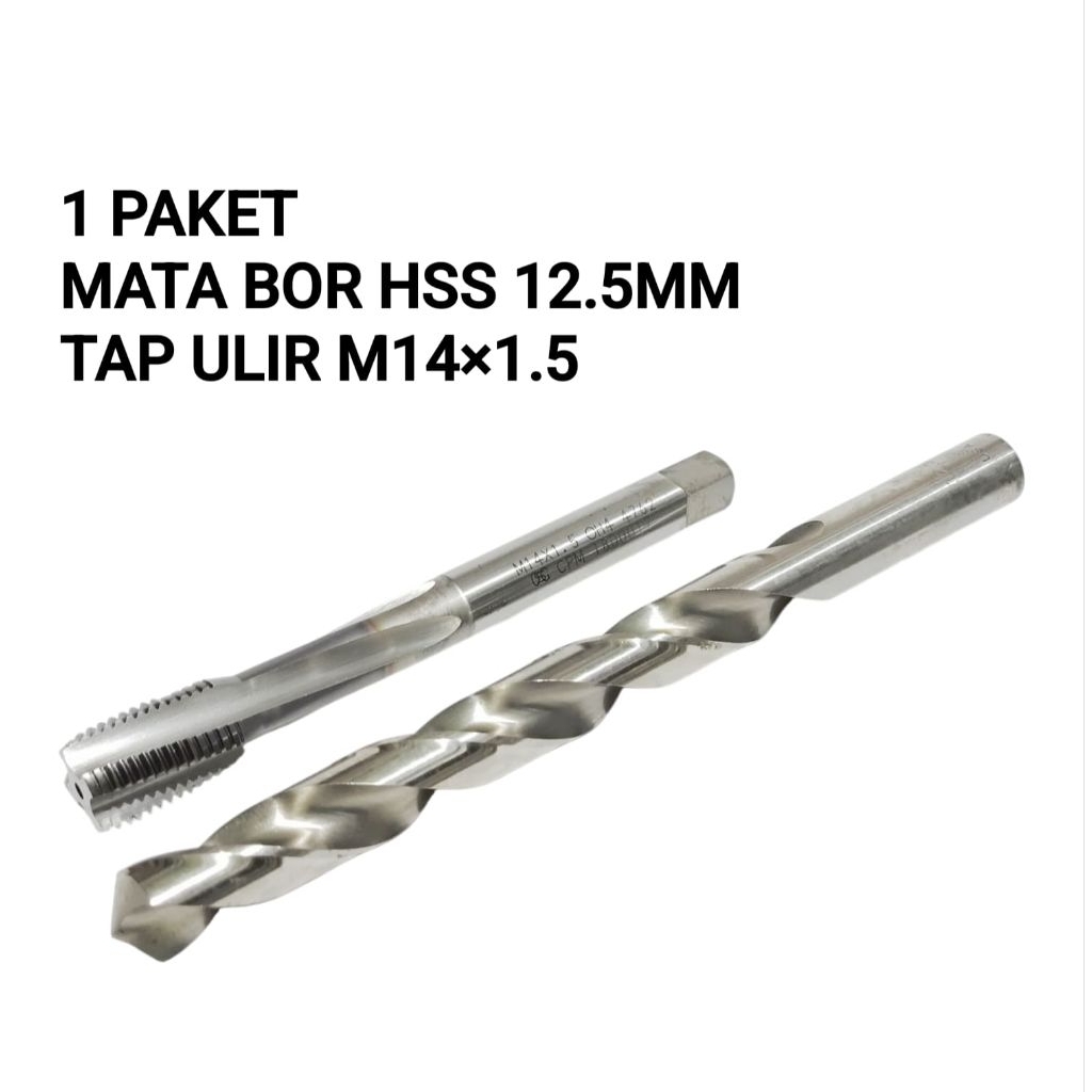 Mata Bor HSS 12.5 mm Tap M14×1.5 Untuk Lubang Baut 19 . Paket Bor & Tap Drat Ulir Baut 19
