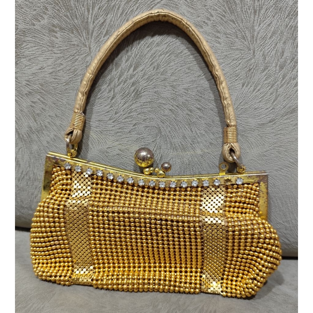 Tas pesta Vintage Keemasan mewah dengan permata glowing koleksi Jadul thn80an Minus kulit retak kare