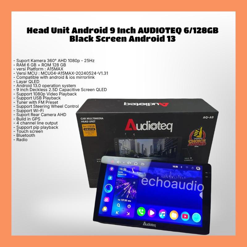 Head Unit Android 9 Inch AUDIOTEQ 6/128GB Black Screen Android 13
