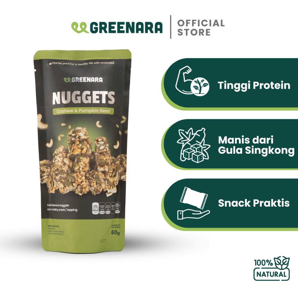 

Greenara Nuggets Cashew & Pumpkin / Snack Nugget Mede dan Biji Labu Panggang