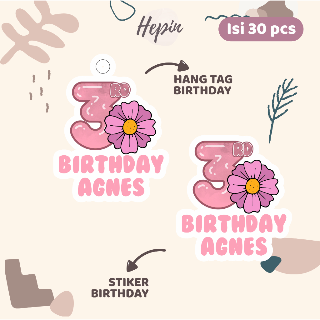

(30pcs) Hang Tag Custom Souvenir for Birthday Party - Bunga Lucu Character Stickers with Custom Names