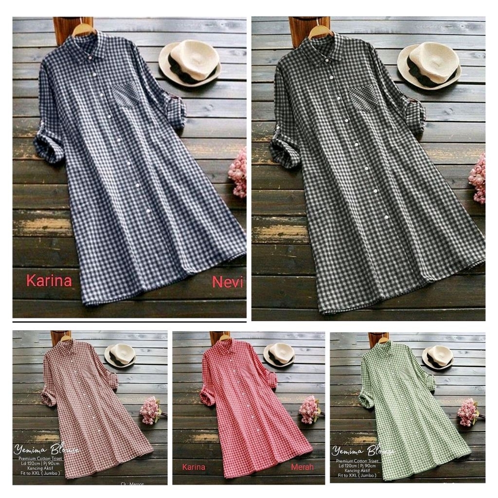 Kemeja Tunik Wanita Terbaru Bahan Katun Warna Merah Putih Hitam Navy Size M-XXXL - Baju Tunik Cewe T