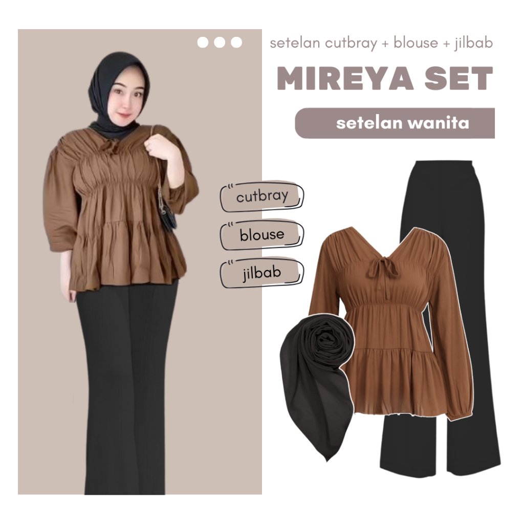 Satu Set Outfit Wanita | Celana Cutbray + Blouse + Jilbab | Setelan Wanita Kekinian | LB117