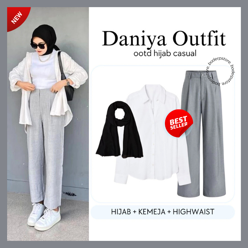 Setelan 3in1 Ootd Hangout Wanita [Hijab, Kemeja Putih, Celana Highwaist] Stripe Outfit Kekinian