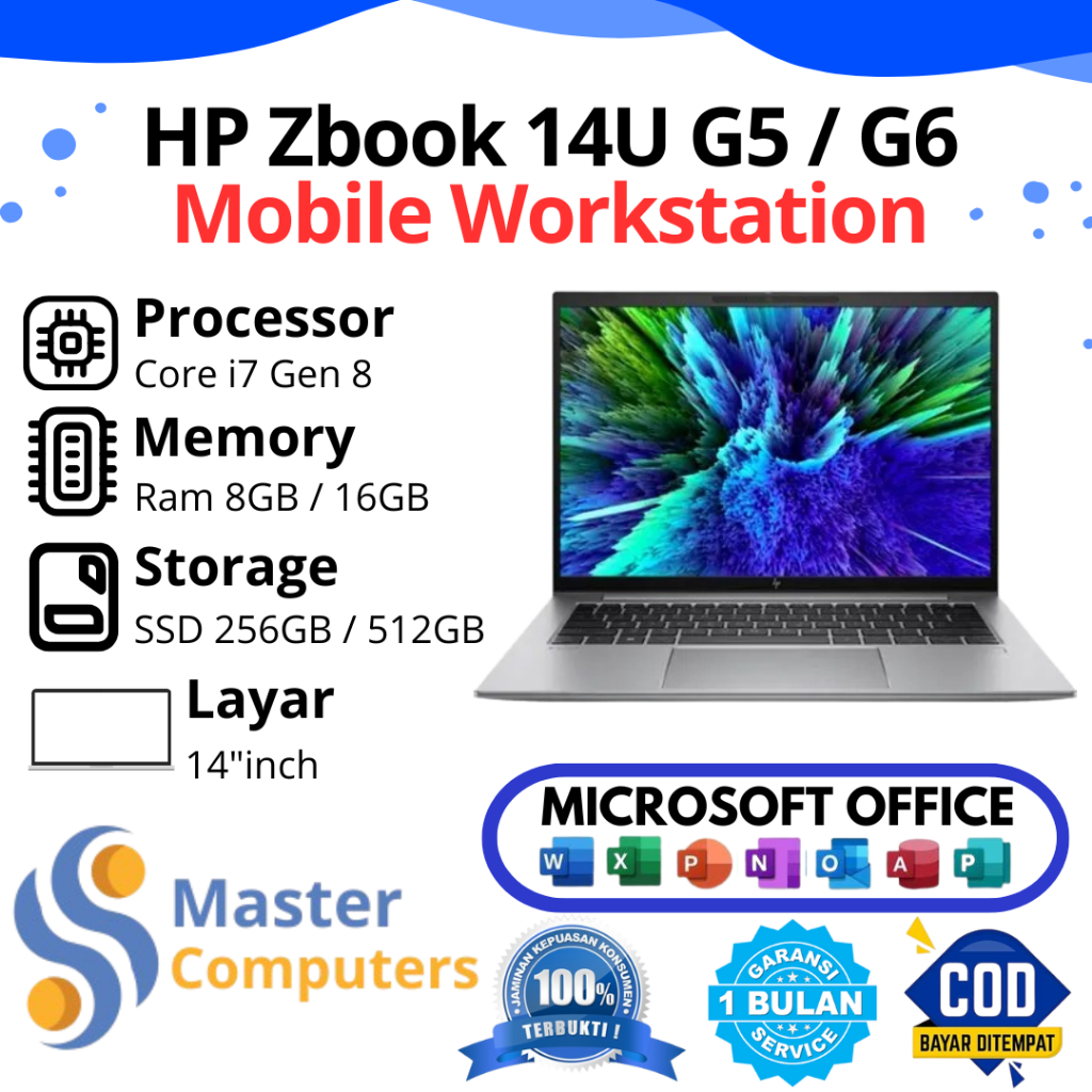 HP Zbook 14u G5 / G6 Mobile Workstation Core i7 Gen 8 Ram 8GB / 16GB SSD 128GB / 256GB / 512GB FHD