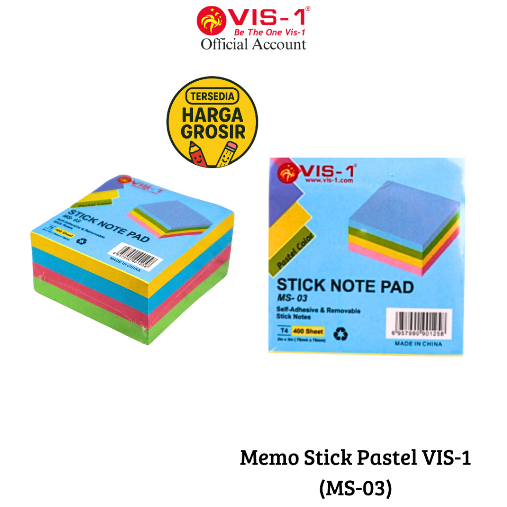

VIS-1 Sticky Notes Paste; MS-03 / Memo Tempel 76mm x 76mm warna pastel 400 lembar