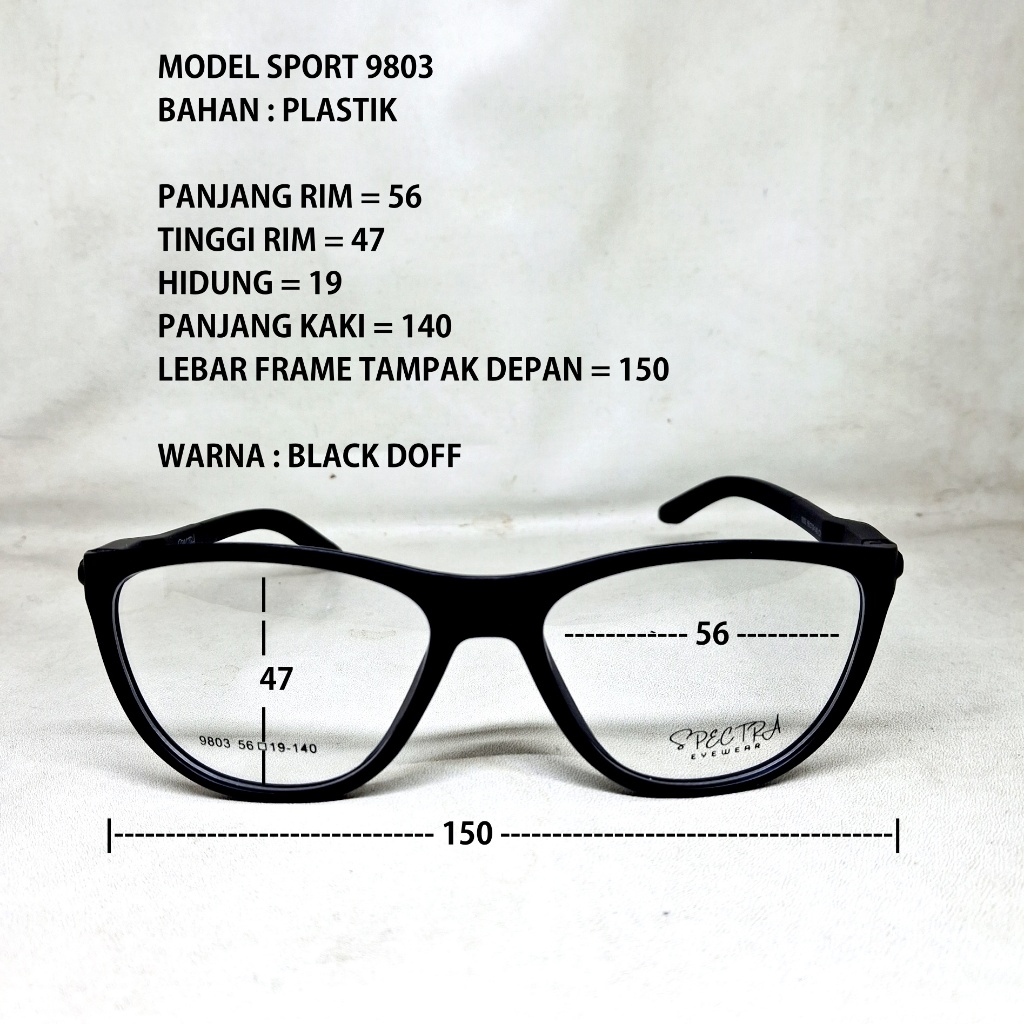 FRAME KACAMATA SPORT 9803 HITAM DOFF MUKA BESAR CAT EYE CEWEK COWOK