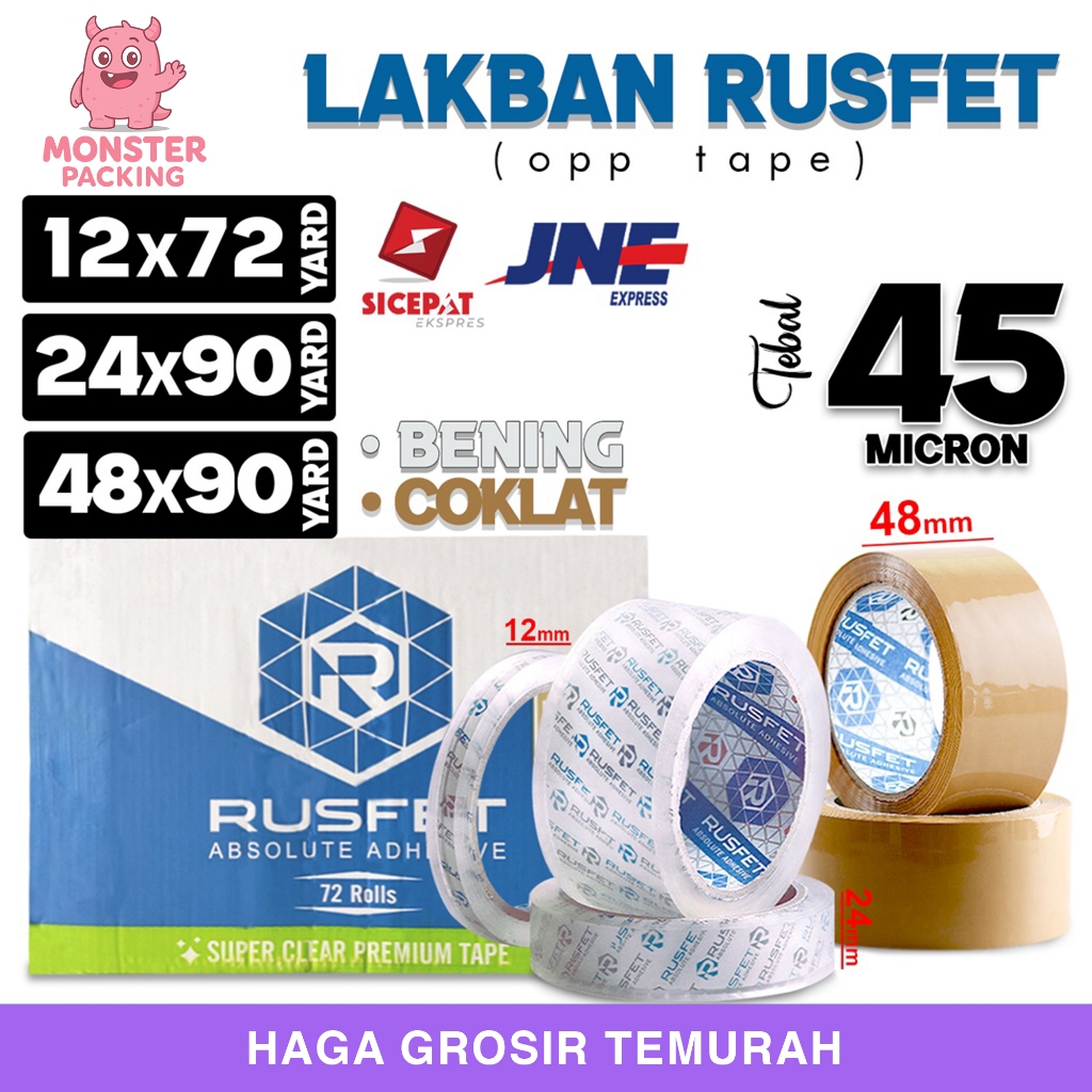 

Lakban RUSFET Isolasi Selotip OPP Tape Plakban Packing PREMIUM KARGO / DUS