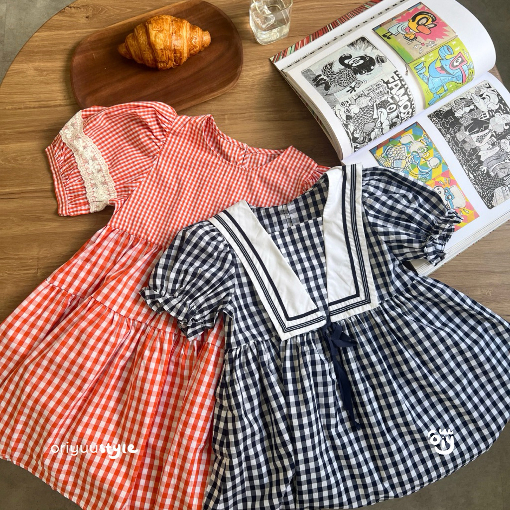 oriyuustyle - Puff Sleeve Flare Midi Dress Baju Anak Perempuan 4-15 tahun Gingham Kotak Sailor Renda