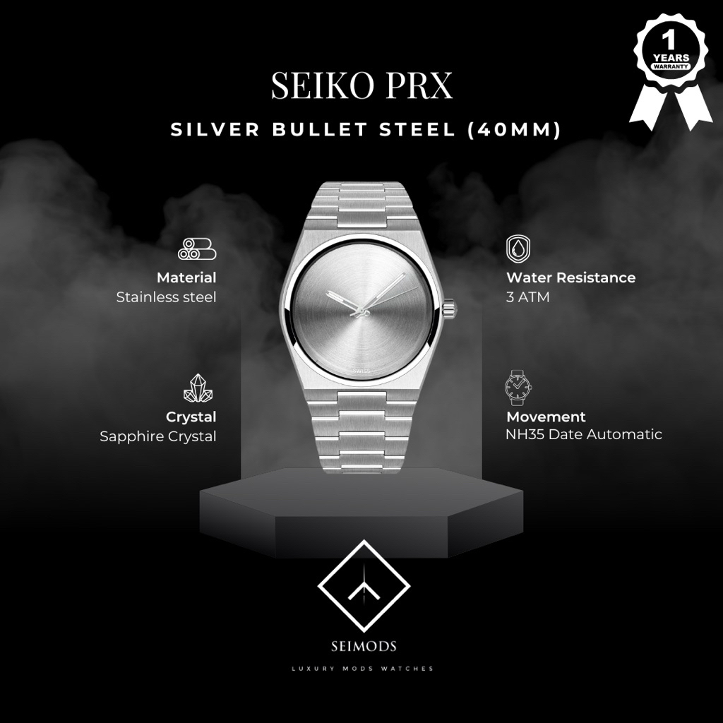 Jam Tangan Seiko Mod PRX Bullet Homage Silver Plain Dial Steel Polos