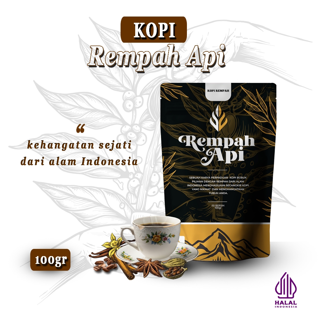 

Kopi Rempah Api (jahe emprit, kapulaga, cengkeh, jinten habbatussauda, kayumanis). NEW PACKAGING