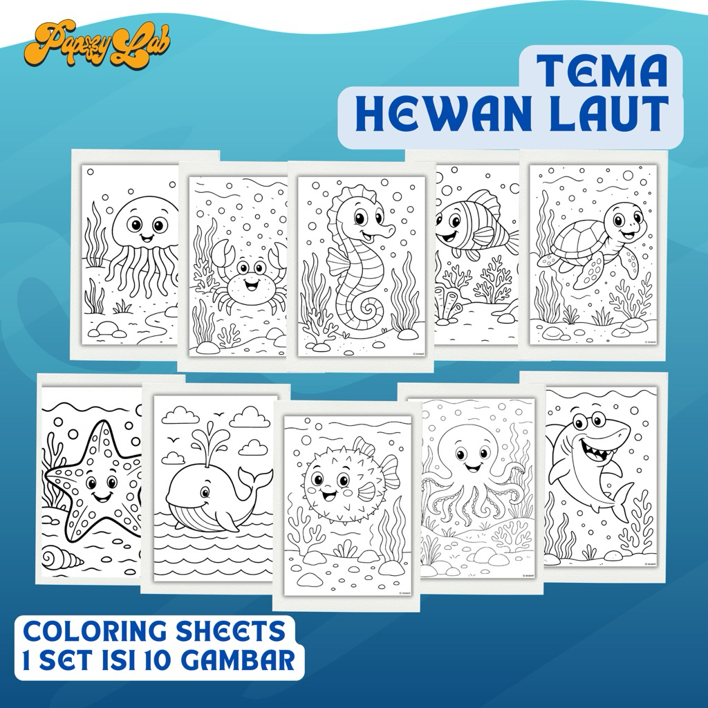 

KERTAS MEWARNAI A4 - tema hewan laut worksheets anak isi 10 LEMBAR BELAJAR EDUKATIF KREATIF BERLATIH SENI