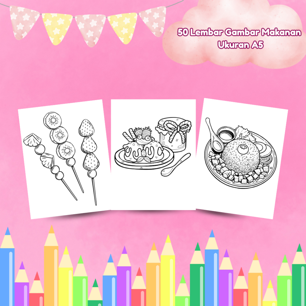 

[Whispers] (50 LEMBAR) Kertas Mewarnai Tema Makanan Coloring Sheet Makanan Lucu 50 Lembar Gambar
