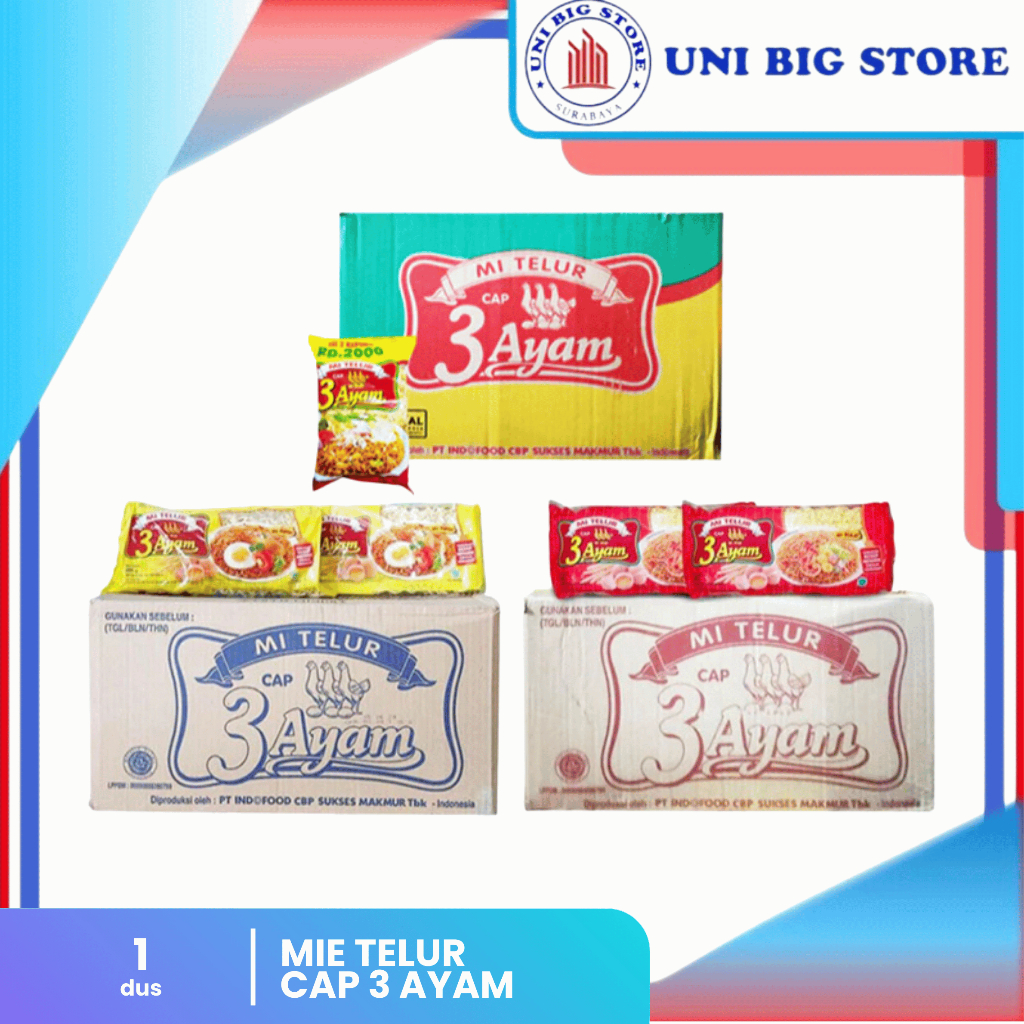 

Mie Telur Cap 3 Ayam Kuning / Mi pipih - Mi Telor Merah 200 gr x 20 pcs DUS
