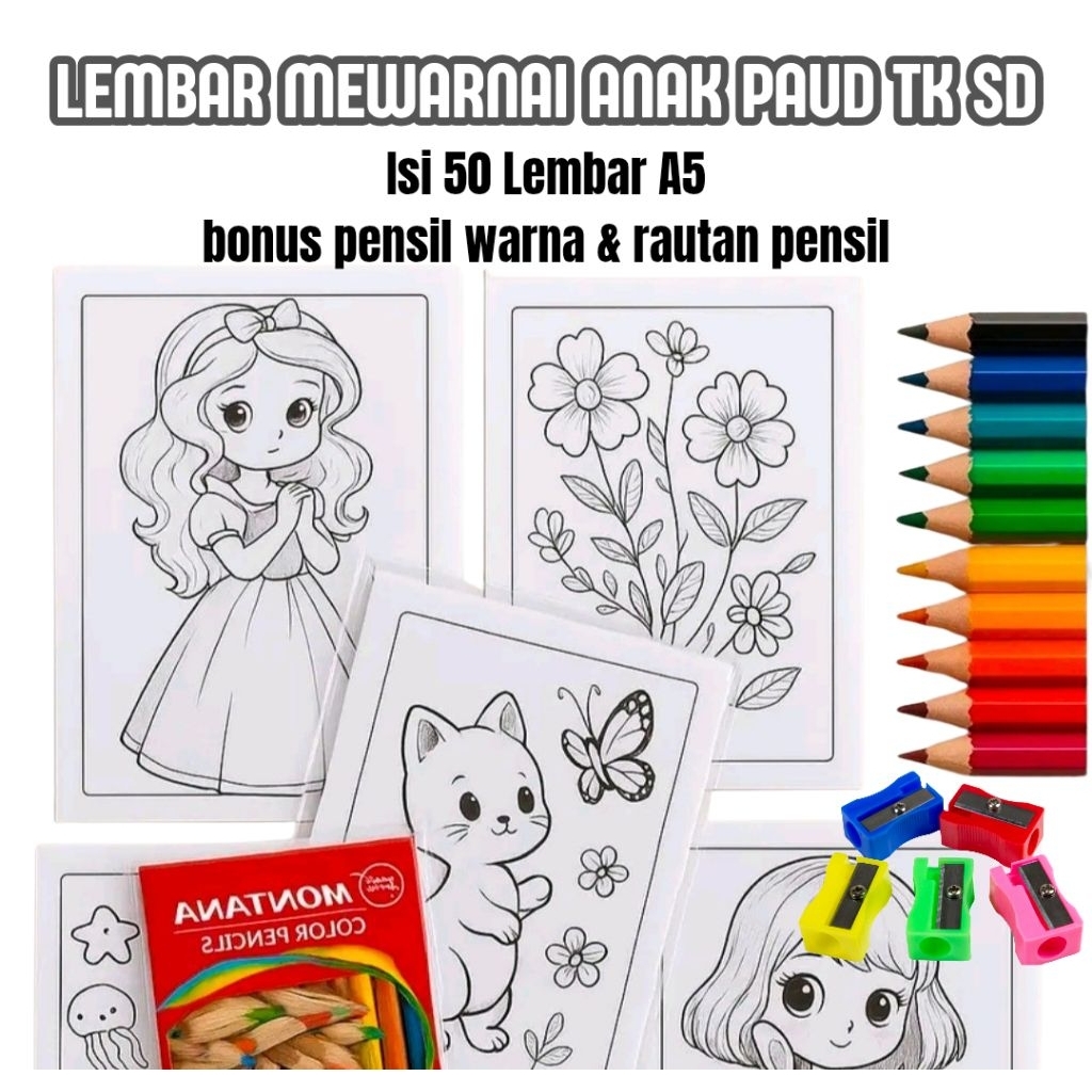 

Lembar Mewarnai Anak Isi 50 Bonus Pensil Warna Dan Rautan Kertas Hvs A5