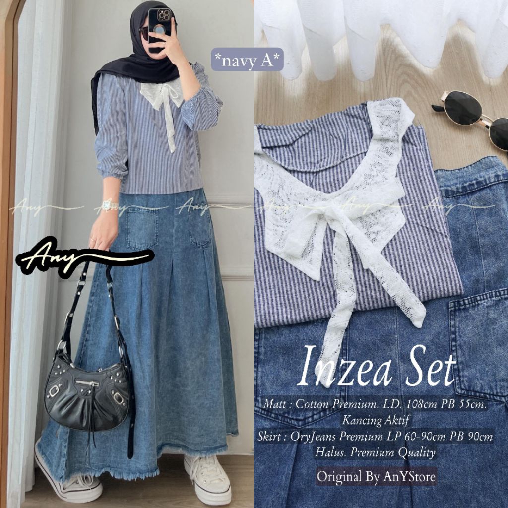 Inzea Set Baju Wanita Trending – Blouse Katun + Rok Jeans Panjang Muslimah Casual