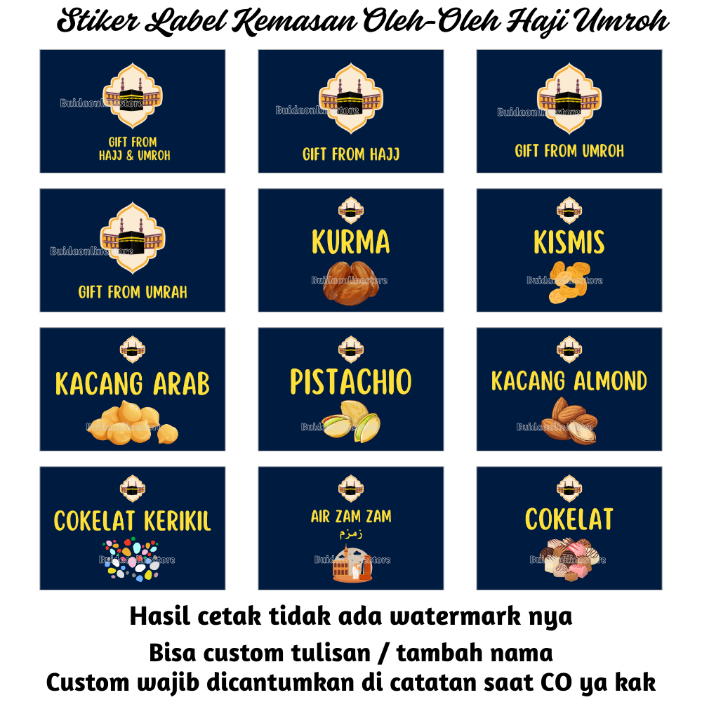 

Stiker label kemasan oleh-oleh Haji Umrah Gift From Hajj Umroh paket kurma cokelat air zam zam kacang arab almond pistachio kismis Navy Toples plastik cup mika box thinwall pouch plastik hampers parcel packaging dus box kotak dekorasi hiasan toples tas