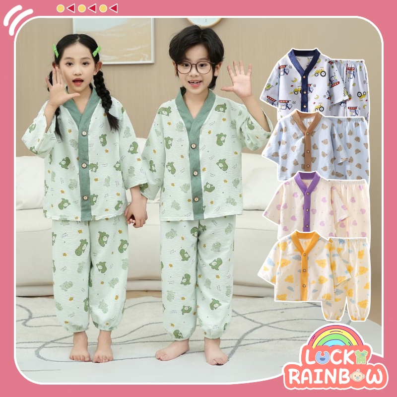 1 - 8 Tahun Setelan Baju Tidur Anak Premium Katun Kartun Pola Lucu Piyama Anak Kaos Button Lengan Pa