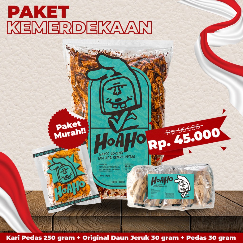 

HOAHO Basreng Bundling Promo Kemerdekaan - Kari Pedas 250g + Original 30g + Pedas 30g