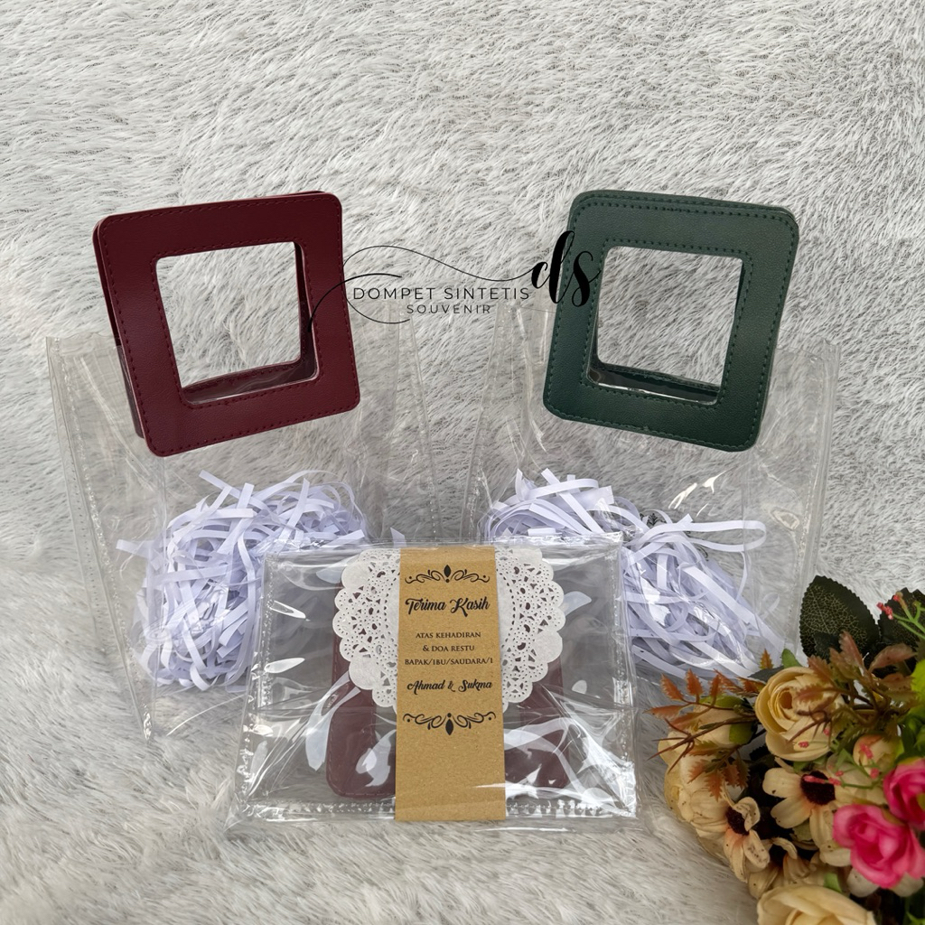 Tas Mika Jelly Tebal Transparan Handle Kulit Hampers Souvenir Pernikahan Custom Sablon Logo/Nama Tem