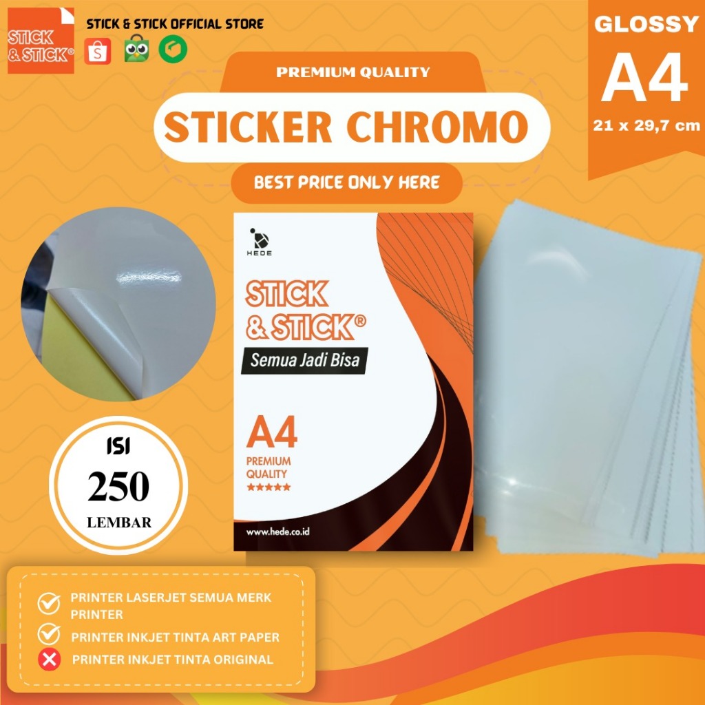 

STICKER CHROMO GLOSSY ULTIMATE A4 ISI 250 LBR/ Label Produk, Stiker Custom, Label Pengiriman, IMPOR