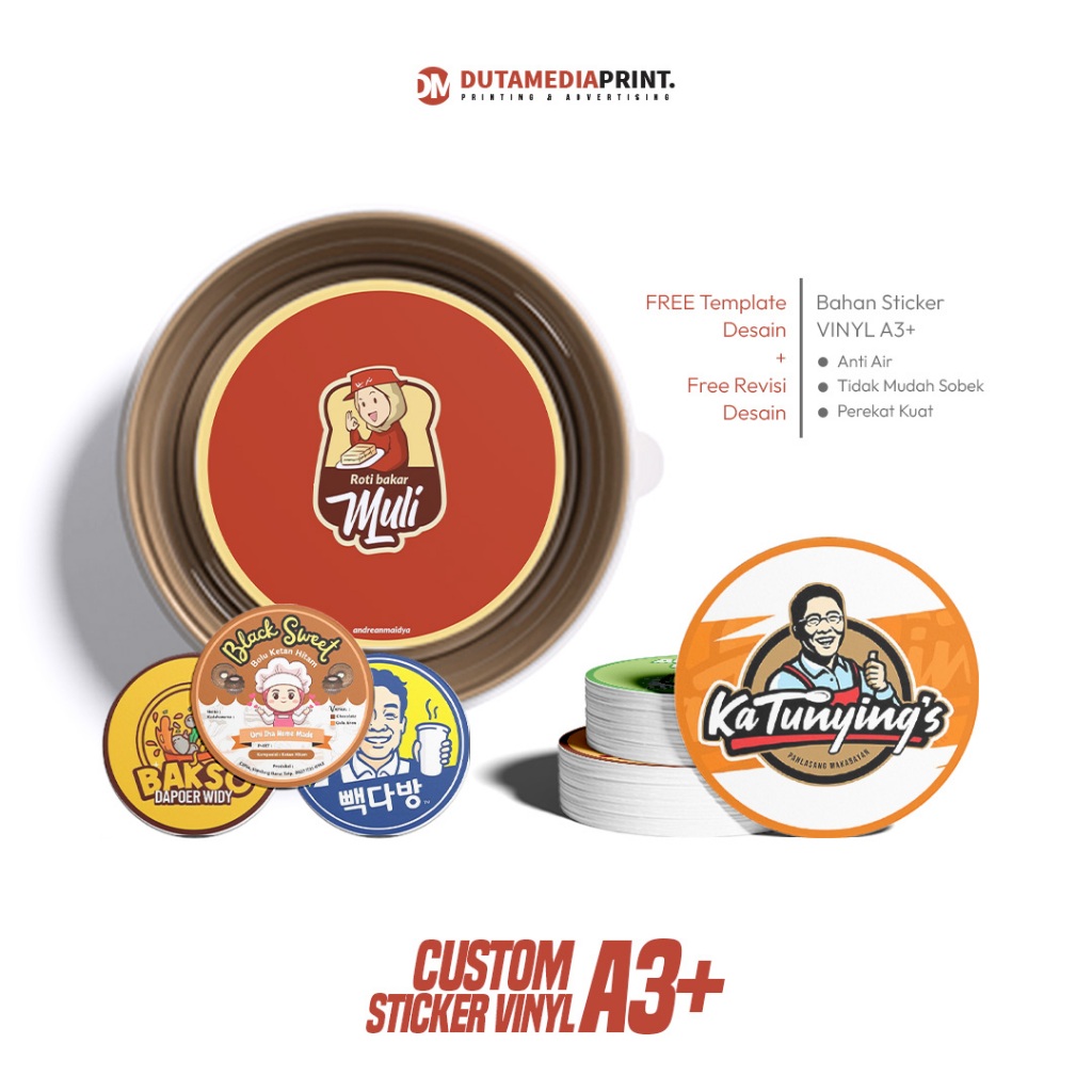 

Dutamediaprint Custom Sticker Vinyl Waterproof / Label Makanan & Segel Kemasan - Stiker Vinyl A3+