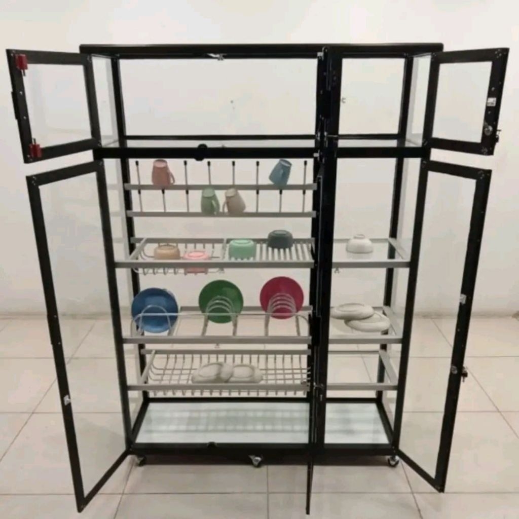 TC ALUMINIUM LP457 120X40X170 B LEMARI RAK PIRING PREMIUM ALUMINUM TEBAL FULL KACA 5 MM HITAM / BENI