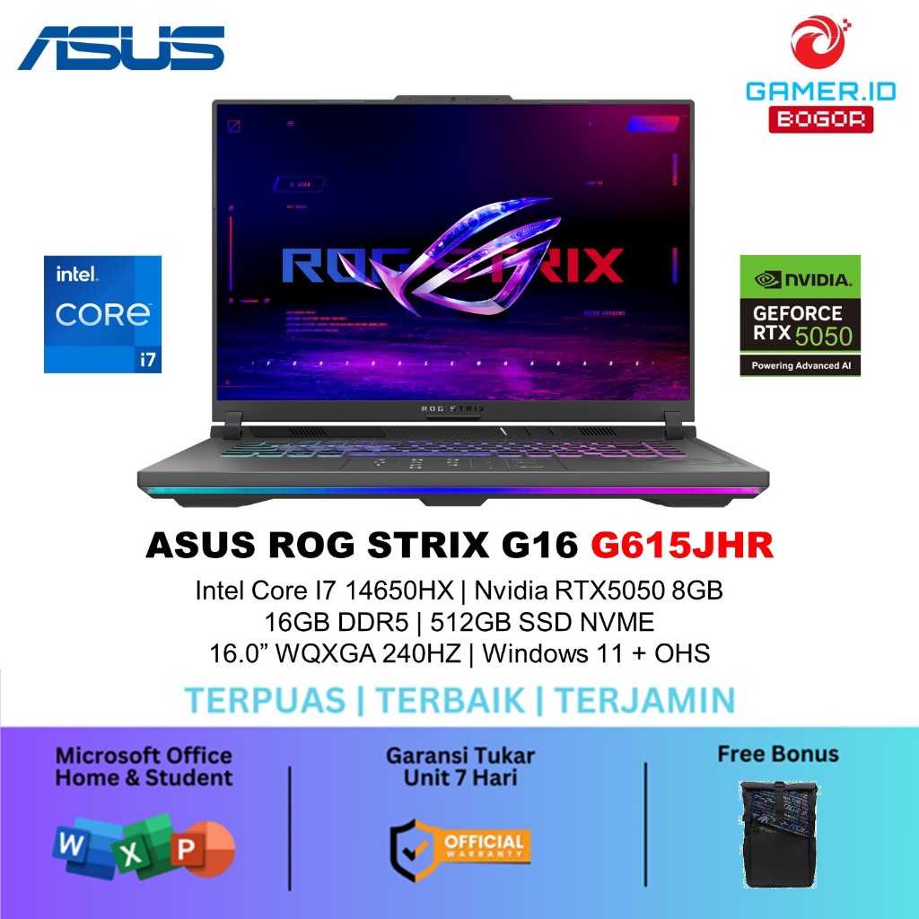 ASUS ROG STRIX G16 G615JHR I7 14650HX RTX5050 8GB/ 16GB 512GB W11+OHS 16.0 ROG NEBULA WQXGA 240HZ
