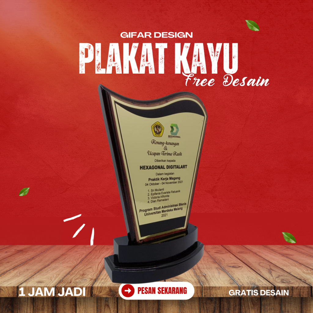 Plakat Kayu Layang Penghargaan Kunjungan Industri / Plakat Magang / Plakat dan Vandel KKN
