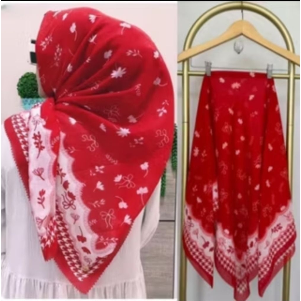 jilbab segi empat voal print sublim lasercut Hijab Segi Empat Motif Merah Putih Bunga Bahan Voal Pre