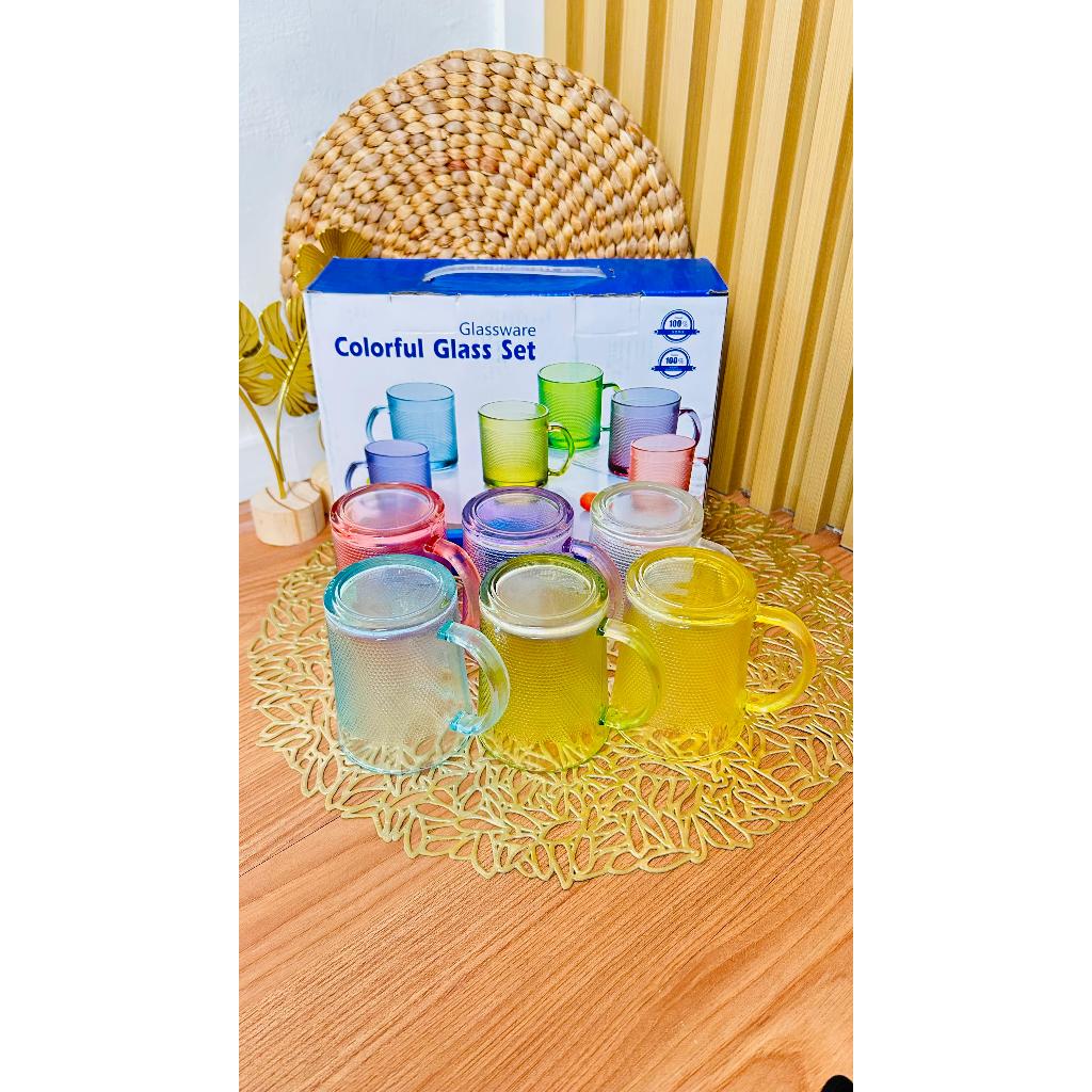 Gelas Kaca 6 Set Warna Warni Glassware Gagang Manik Pelangi / Gelas Kaca Tebal Set Warna