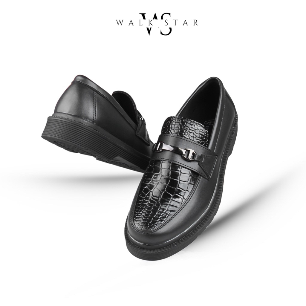 Sepatua Pria Slip On Bahan Kulit Sintetis Premium Motif Buaya Hitam Variasi Gesper